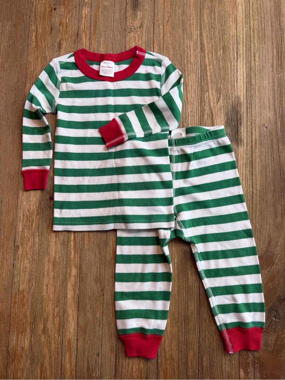 Hanna Andersson Striped Green & White Kids Pajama Set with Red Trim 2T